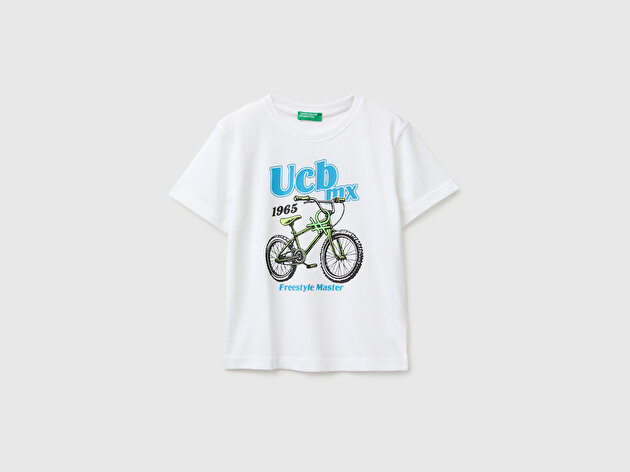 Benetton Erkek Bebek Beyaz Önü Su Geçirmez Baskı Detaylı Bisiklet Yaka T-Shirt