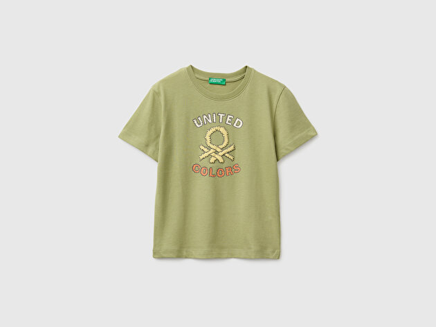 Benetton Erkek Bebek Haki Önü Su Geçirmez Baskı Detaylı Bisiklet Yaka T-Shirt