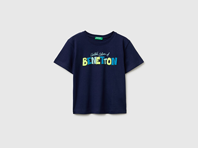 Benetton Erkek Bebek Lacivert Önü Su Geçirmez Baskı Detaylı Bisiklet Yaka T-Shirt