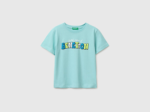 Benetton Erkek Bebek Su yeşili Önü Su Geçirmez Baskı Detaylı Bisiklet Yaka T-Shirt