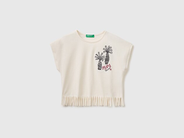 Benetton Kız Bebek Ekru Eteği Püskül Detaylı Kimono Kollu T-Shirt