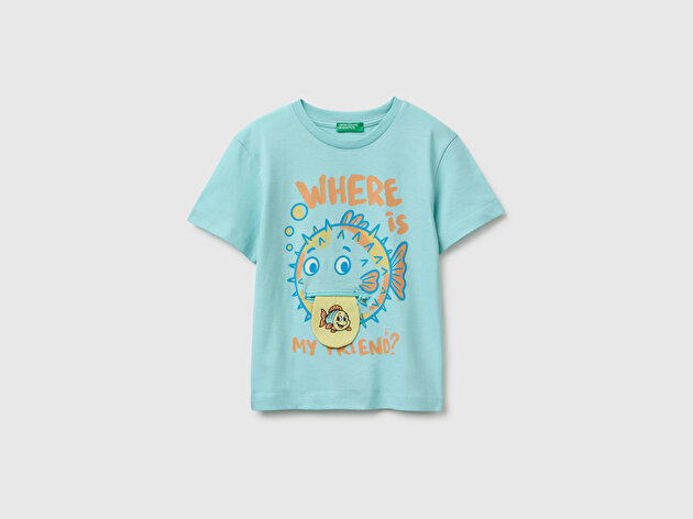Benetton Erkek Bebek Su yeşili Önü Baskı Detaylı Bisiklet Yaka T-Shirt