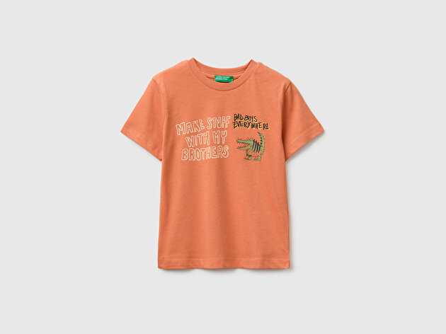 Benetton Erkek Bebek Turuncu Önü Baskı Detaylı Relaxed Fit T-Shirt
