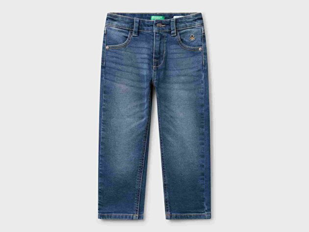 Benetton Erkek Bebek Lacivert Önü Logo İşlemeli 5 Cepli Ağartılmış Denim Pantolon