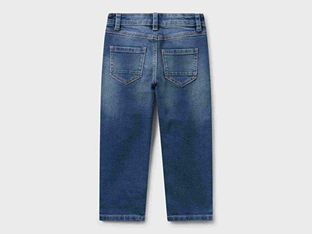 Benetton Erkek Bebek Lacivert Önü Logo İşlemeli 5 Cepli Ağartılmış Denim Pantolon