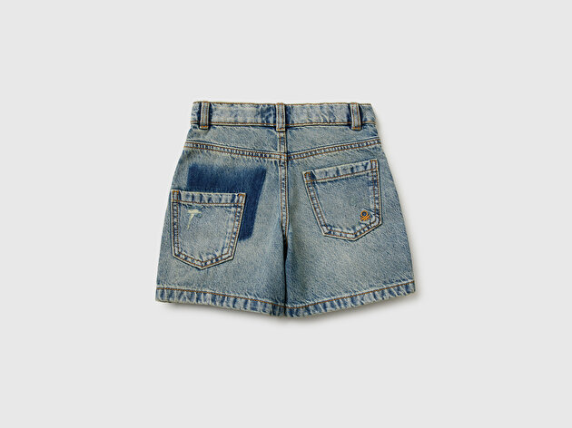 Benetton Erkek Bebek Gri Arka Cebi Logolu Yırtık Paça Denim Bermuda Şort