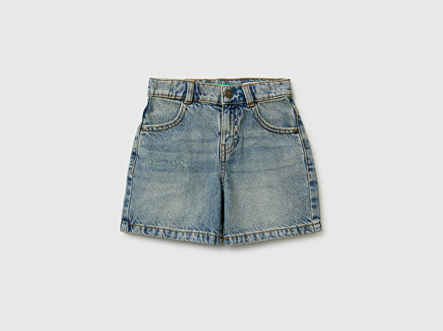 Benetton Erkek Bebek Gri Arka Cebi Logolu Yırtık Paça Denim Bermuda Şort
