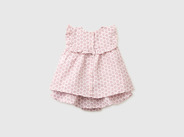 Benetton Bebek Toz Pembe Fırfırlı Kollu Baskılı Bisiklet Yaka Bluz Etekli Takım