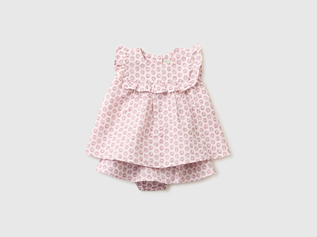 Benetton Bebek Toz Pembe Fırfırlı Kollu Baskılı Bisiklet Yaka Bluz Etekli Takım