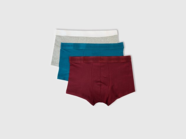 Benetton Erkek Bordo Pamuk Karışımlı Logo Bantlı 3'lü Boxer Seti