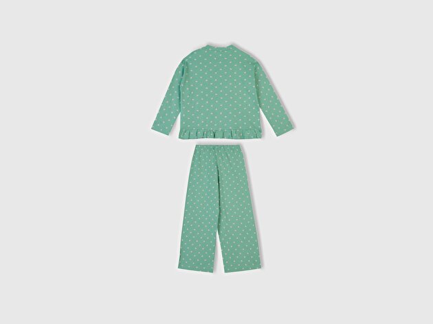 Benetton Kız Çocuk Turkuaz Desenli Fırfır Detaylı Pijama Takımı