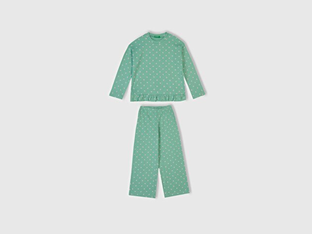 Benetton Kız Çocuk Turkuaz Desenli Fırfır Detaylı Pijama Takımı