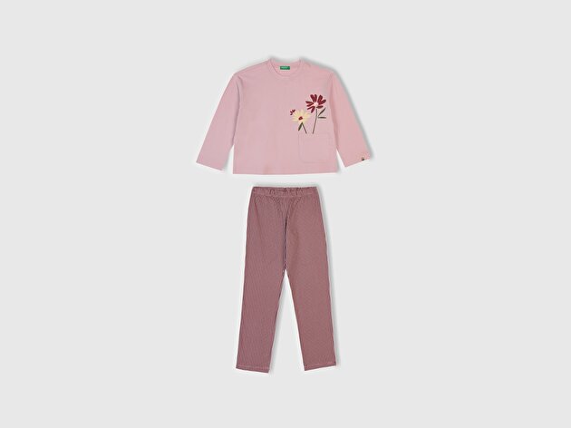 Benetton Kız Çocuk Toz Pembe-Mor Üstü Baskılı Cep Detaylı Altı Desenli Slim Fit Pijama Takımı