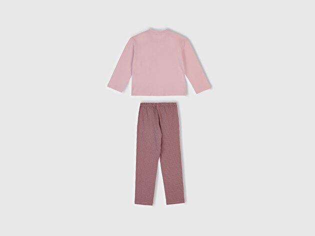 Benetton Kız Çocuk Toz Pembe-Mor Üstü Baskılı Cep Detaylı Altı Desenli Slim Fit Pijama Takımı