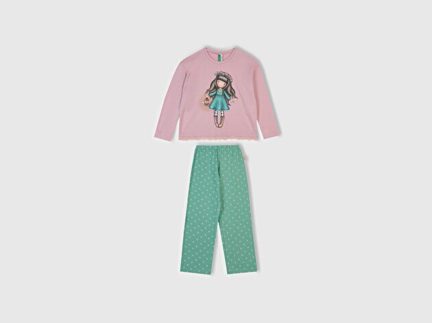Benetton Kız Çocuk Toz Pembe-Turkuaz Üstü Baskılı Altı Desenli Pijama Takımı