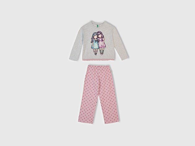 Benetton Kız Çocuk Beyaz Mix Üstü Baskılı Altı Desenli Pijama Takımı