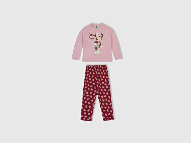 Benetton Kız Çocuk Toz Pembe-Fuşya Üstü Disney Baskılı Altı Desenli Paçası Kıvrık Pijama Takımı