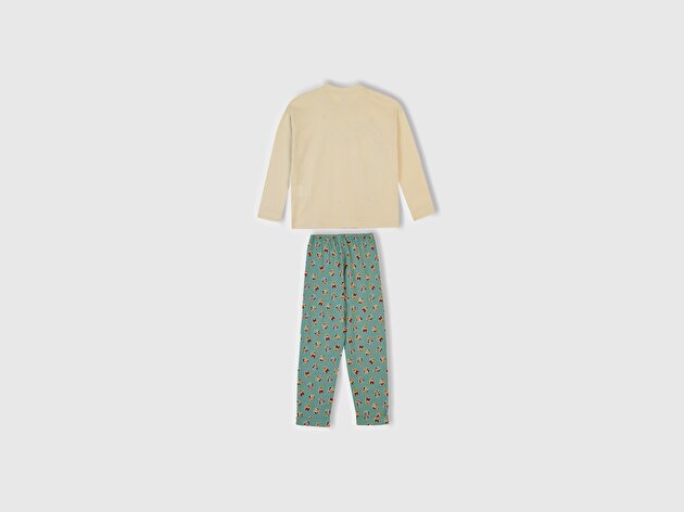 Benetton Kız Çocuk Krem Üstü Disney Baskılı Altı Desenli Paçası Kıvrık Pijama Takımı