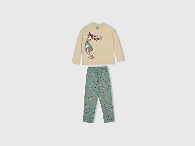 Benetton Kız Çocuk Krem Üstü Disney Baskılı Altı Desenli Paçası Kıvrık Pijama Takımı