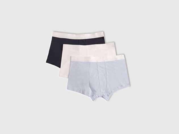 Benetton Erkek Turkuaz-Beyaz-Lacivert Pamuk Karışımlı Logo Bantlı 3'lü Boxer Seti
