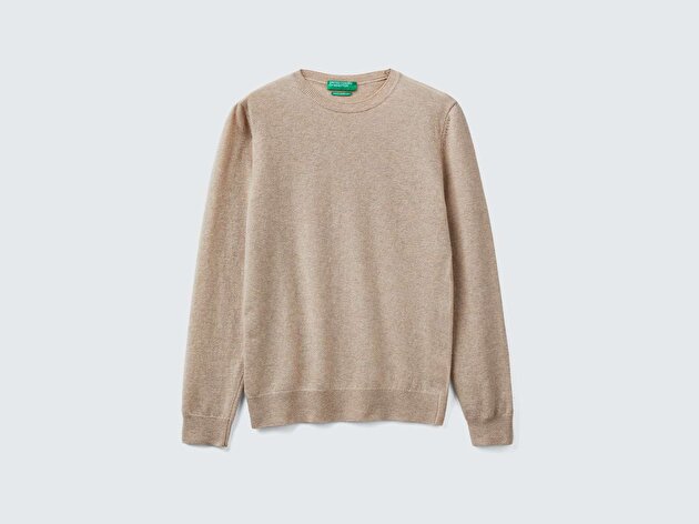 Benetton Kadın Ekru %100 Merino Bisiklet Yaka Kazak