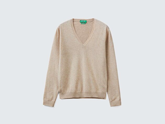 Benetton Kadın Ekru %100 Merino V Yaka  Kazak
