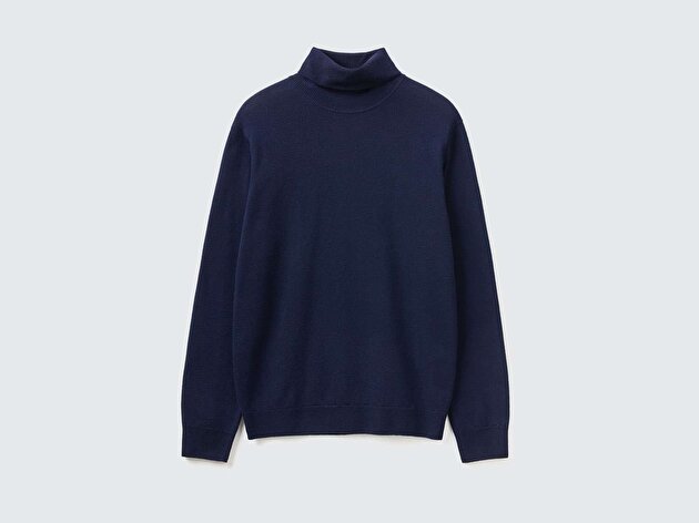 Benetton Erkek Lacivert %100 Merino Boğazlı  Kazak