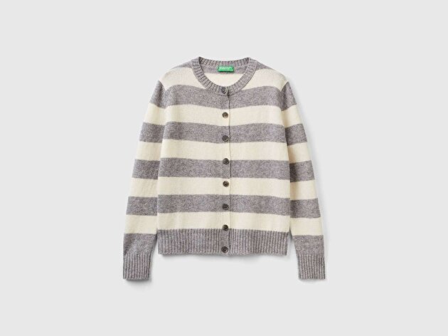 Benetton Kadın Gri Melanj %100 Yün Çizgili Shetland Hırka