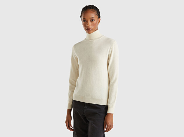 Benetton Kadın Krem %100 Merino Dik Yaka  Kazak