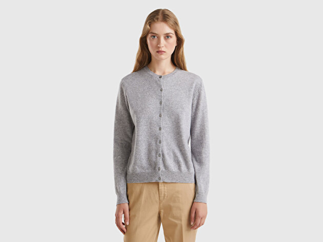 Benetton Kadın Gri Melanj %100 Merino Bisiklet Yaka  Hırka