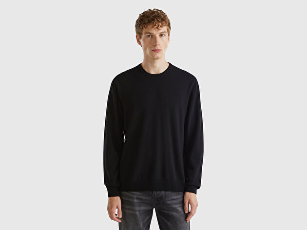 Benetton Erkek Siyah %100 Merino Bisiklet Yaka  Kazak