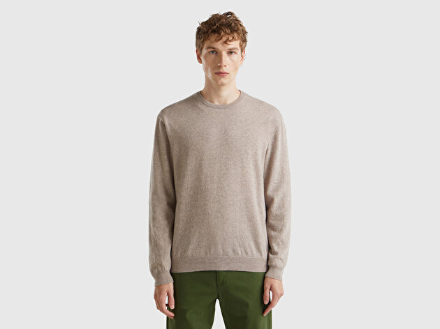 Benetton Erkek Bej Melanj %100 Merino Bisiklet Yaka  Kazak