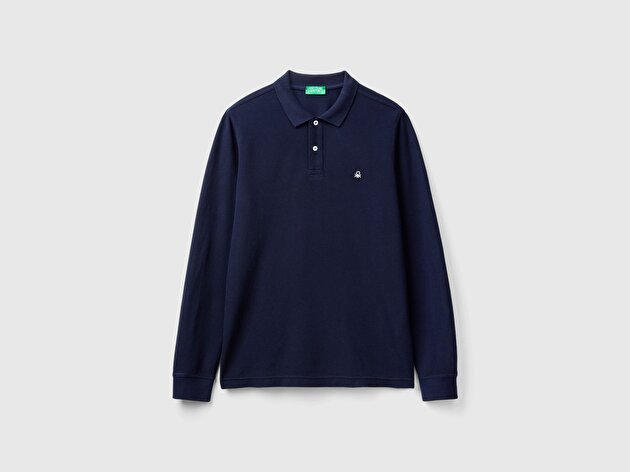 Benetton Erkek Lacivert Uzun Kol Polo T-Shirt