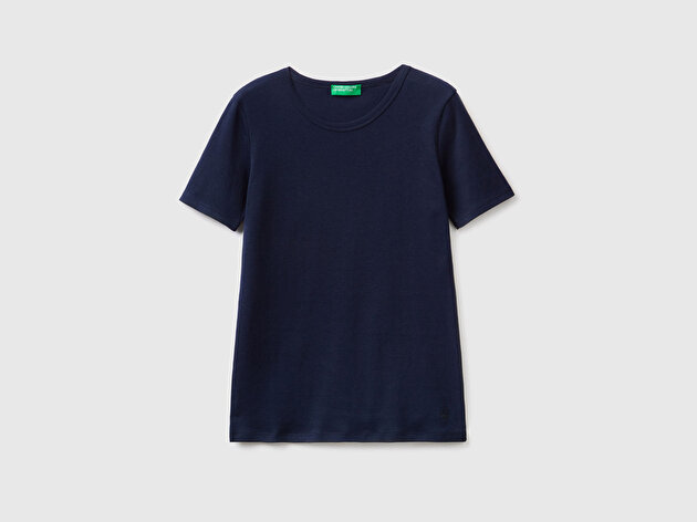 Benetton Kadın Lacivert %100 Koton Basic Kısa Kollu Bisiklet Yaka T-Shirt