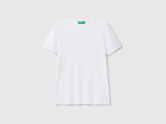Benetton Kadın Beyaz %100 Koton Basic Kısa Kollu Bisiklet Yaka T-Shirt