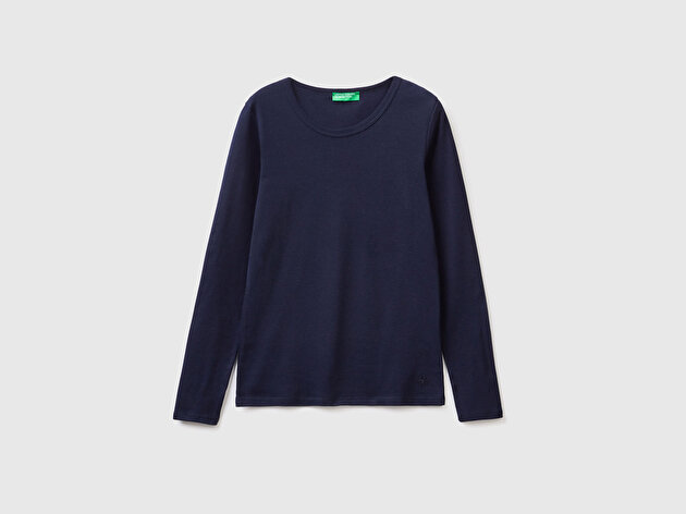 Benetton Kadın Lacivert Basic Bisiklet Yaka Uzun Kollu T-Shirt