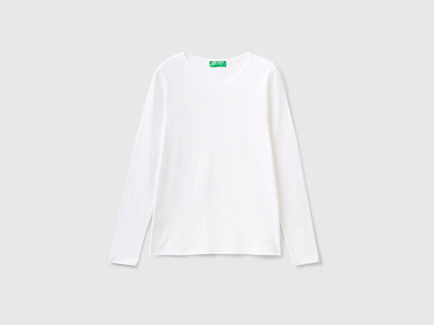 Benetton Kadın Beyaz Basic Bisiklet Yaka Uzun Kollu T-Shirt