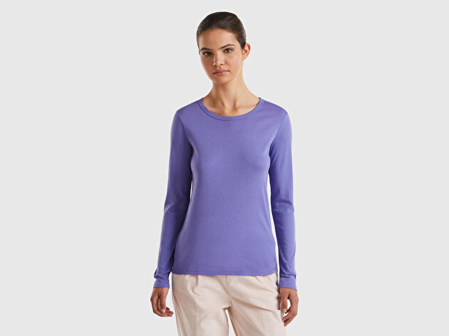 Benetton Kadın Mor Basic Bisiklet Yaka Uzun Kollu T-Shirt