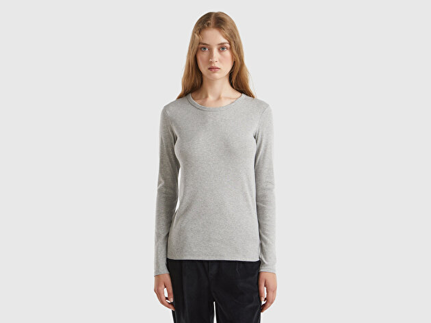 Benetton Kadın Gri Melanj Basic Bisiklet Yaka Uzun Kollu T-Shirt