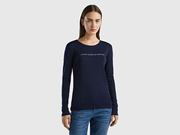 Benetton Kadın Lacivert %100 Koton Bisiklet Yaka Benetton Yazılı Uzun Kollu T-Shirt