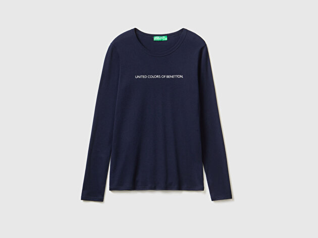 Benetton Kadın Lacivert %100 Koton Bisiklet Yaka Benetton Yazılı Uzun Kollu T-Shirt