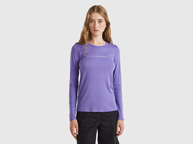 Benetton Kadın Mor %100 Koton Bisiklet Yaka Benetton Yazılı Uzun Kollu T-Shirt