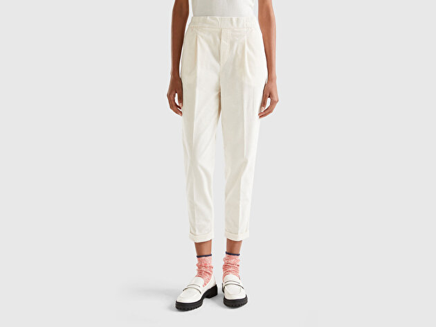 Benetton Kadın Krem Beli Lastikli Kadife Pantolon