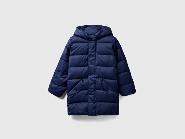Benetton Erkek Çocuk Lacivert Logo İşlemeli Kaztüyü Uzun Mont
