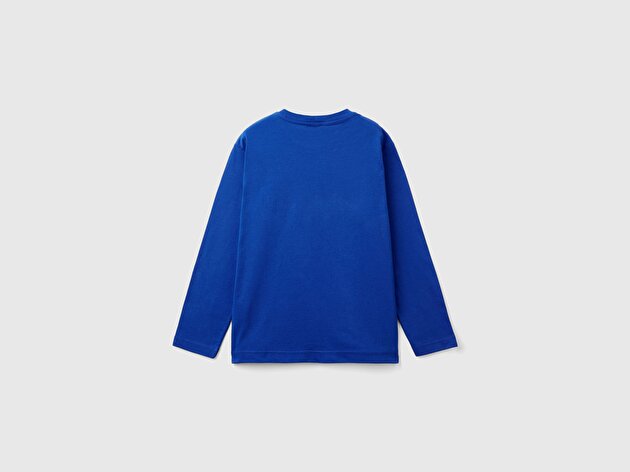 Benetton Erkek Çocuk Saks Mavisi Önü Çok Renkli Logo Baskılı Bisiklet Yaka Uzun Kollu T-Shirt
