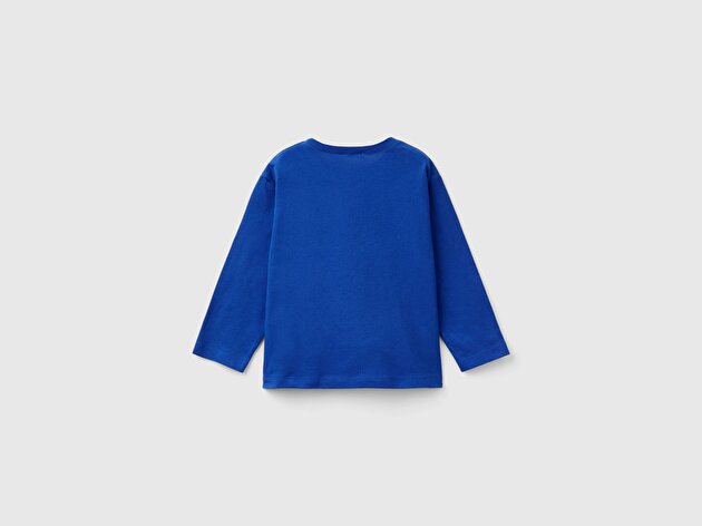 Benetton Erkek Bebek Saks Mavisi Çok Renkli Logo Baskılı Bisiklet Yaka Uzun Kollu T-Shirt