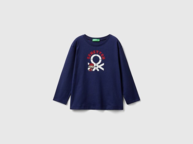 Benetton Erkek Bebek Lacivert Çok Renkli Logo Baskılı Bisiklet Yaka Uzun Kollu T-Shirt