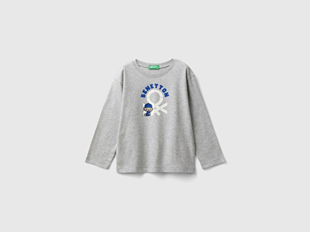 Benetton Erkek Bebek Gri Melanj Çok Renkli Logo Baskılı Bisiklet Yaka Uzun Kollu T-Shirt