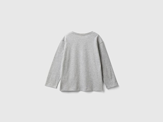 Benetton Erkek Bebek Gri Melanj Çok Renkli Logo Baskılı Bisiklet Yaka Uzun Kollu T-Shirt
