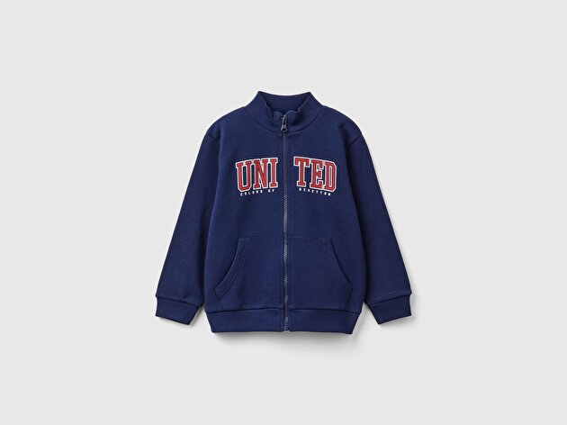 Benetton Erkek Bebek Lacivert Logo Baskılı Cepli Fermuarlı Dik Yaka Sweatshirt
